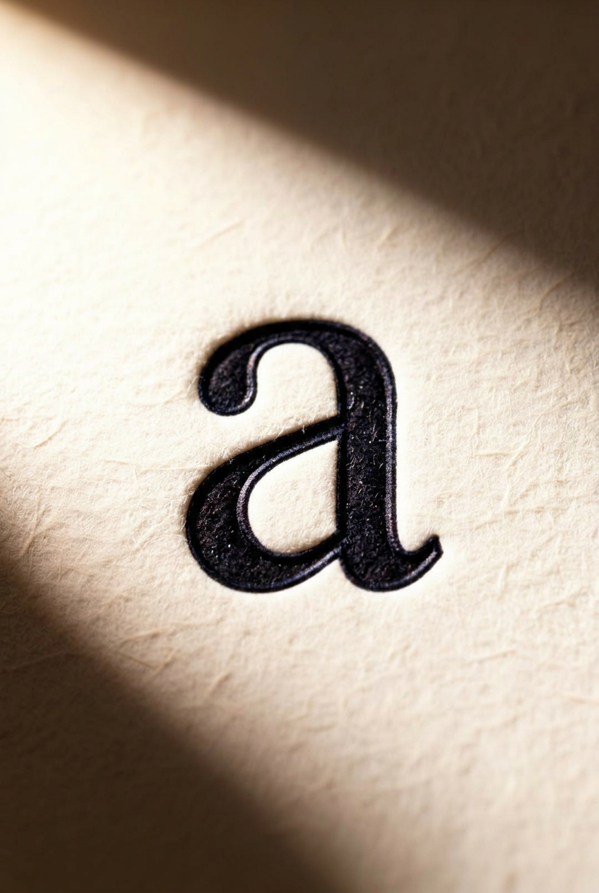 Letra 'a' serifada impressa em letterpress sobre papel de algodão — o caractere como assinatura do Atelier do Caractere